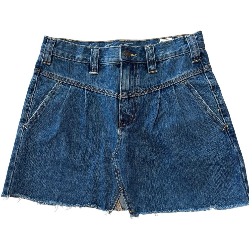 Free People Denim Jean Mini Skirt Pleated Distressed High Rise Sz 26